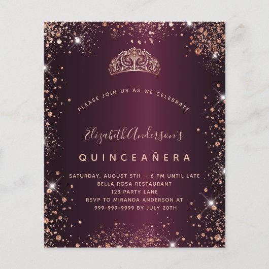 Quinceanera bordeaux roos gouden tiara uitnodiging flyer (Voorkant)