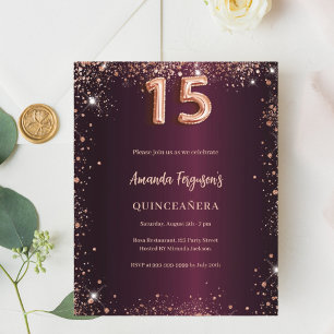 Quinceanera bordeaux roos gouden uitnodiging