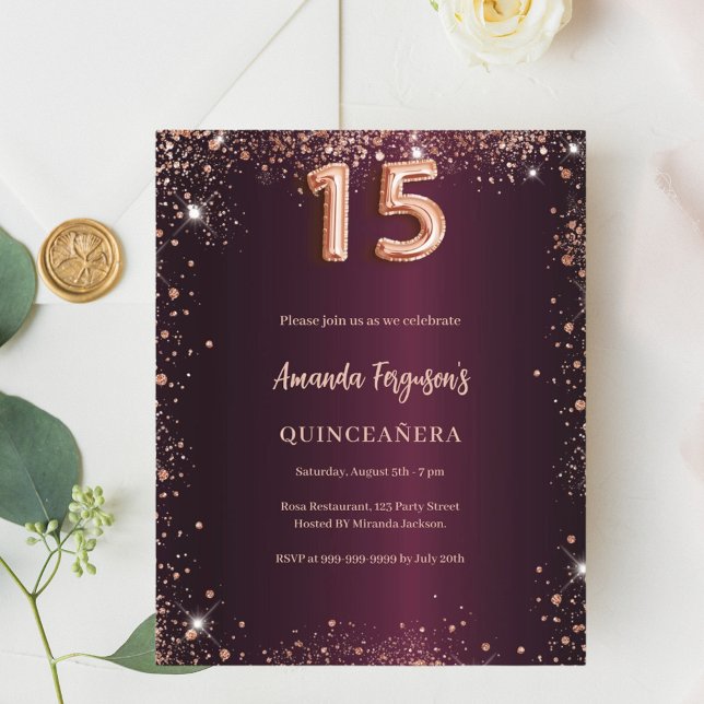 Quinceanera bordeaux roos gouden uitnodiging (Creator heeft geüpload)