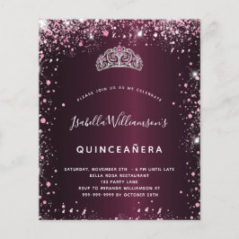 Quinceanera bordeaux roze glitter tiara uitnodigin