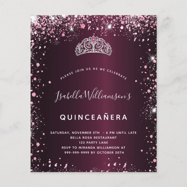 Quinceanera bordeaux roze glitter tiara uitnodigin (Voorkant)