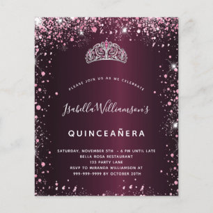 Quinceanera bordeaux roze glitter tiara uitnodigin