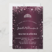 Quinceanera bordeaux roze tiara glitter kaart (Voorkant)