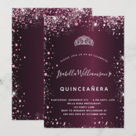 Quinceanera bordeaux roze tiara glitter kaart