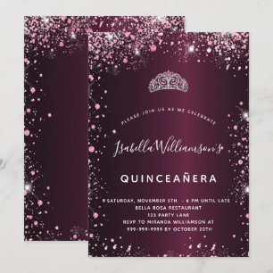 Quinceanera bordeaux roze tiara glitter kaart