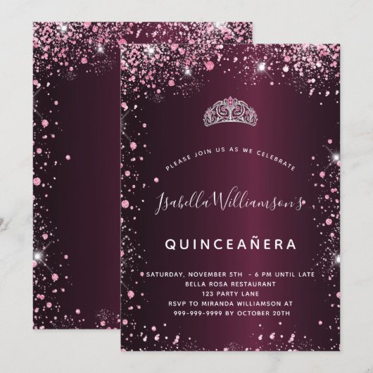 Quinceanera bordeaux roze tiara glitter kaart (Voorkant / Achterkant)