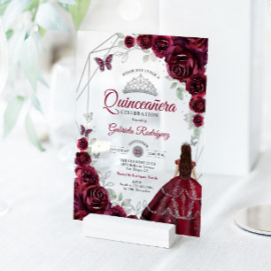 Quinceanera bordeauxrode jurk bloem acryl uitnodigingen