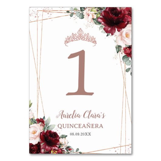 Quinceañera Bourgogne Blush Bloemen Roos Goud Kaart (Achterkant)
