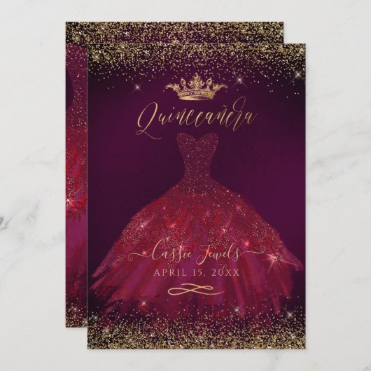 Quinceanera Bourgogne Glitter Princess Crown Kaart (Voorkant / Achterkant)