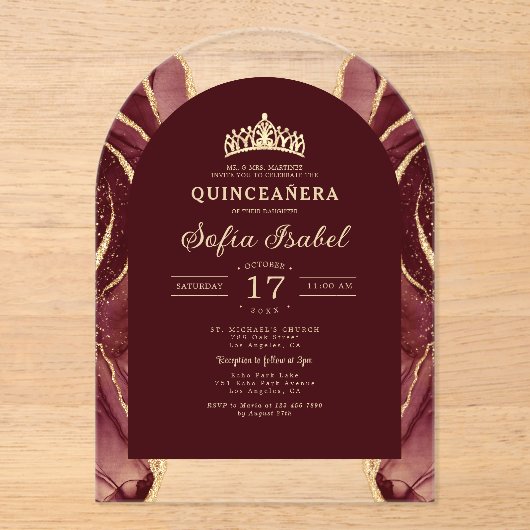 Quinceañera Bourgogne Gold Agaat Elegant Acryl Uitnodigingen (Voorkant)