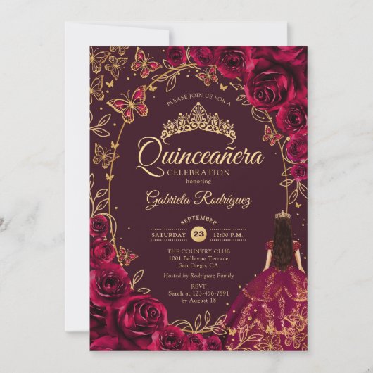Quinceanera Bourgogne Gold Kaart (Voorkant)