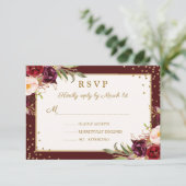 Quinceanera Bourgogne Gouden Bloemsparkle RSVP (Staand voorkant)