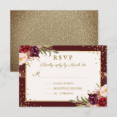 Quinceanera Bourgogne Gouden Bloemsparkle RSVP (Voorkant / Achterkant)