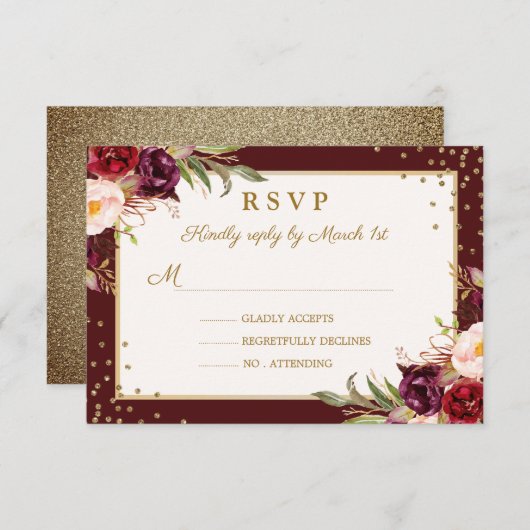 Quinceanera Bourgogne Gouden Bloemsparkle RSVP (Voorkant / Achterkant)