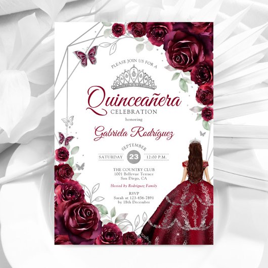 Quinceanera Bourgogne Jurk Bloemen Kaart
