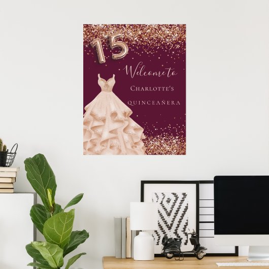 Quinceanera Bourgogne roos goudglitter Poster (Thuiskantoor)
