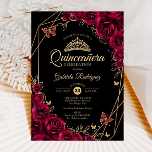 Quinceanera Bourgogne Zwart Goud Bloemen Kaart