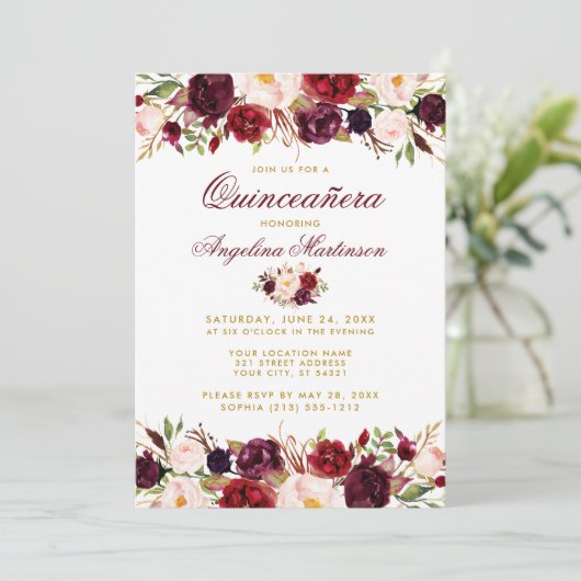 Quinceanera Bourgondië Bloem Goud Foto Kaart (Staand voorkant)