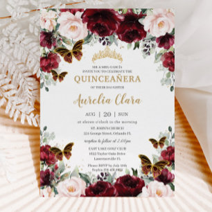 Quinceañera Bourgondië Blush Bloemen Gouden Vlinde Kaart