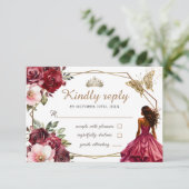 Quinceañera Bourgondië Blush Bloemen Prinses RSVP (Staand voorkant)