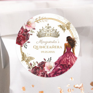 Quinceañera Bourgondië Blush Goud Bloemen Prinses Ronde Sticker