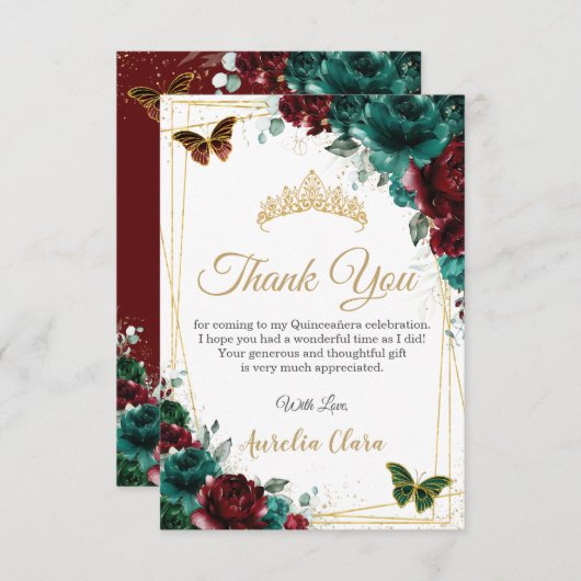 Quinceañera Bourgondië Emerald Floral 16e verjaard Bedankkaart (Voorkant / Achterkant)
