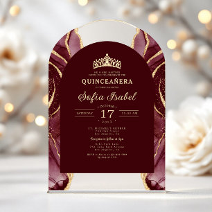 Quinceañera Bourgondië Goud Agaat Elegant Acryl Uitnodigingen