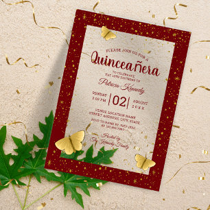 Quinceañera Bourgondië&Goud Vlinders 15 Verjaardag Acryl Uitnodigingen