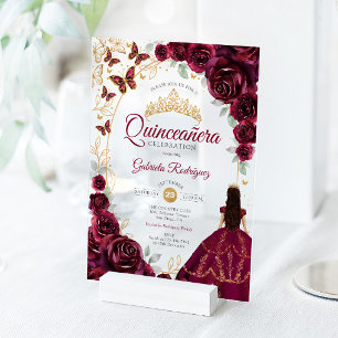 Quinceanera Bourgondië Gouden Bloem Acryl Uitnodigingen