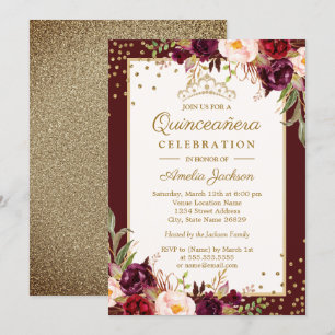 Quinceanera Bourgondië Gouden bloemrijke Sparkle U Kaart