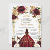 Quinceañera Bourgondië Ivoor Bloemen  Goud Kaart (Voorkant)