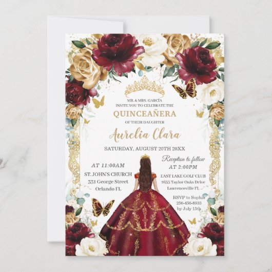 Quinceañera Bourgondië Ivoor Bloemen  Goud Kaart (Voorkant)