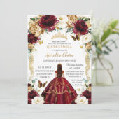 Quinceañera Bourgondië Ivoor Bloemen  Goud Kaart (Staand voorkant)