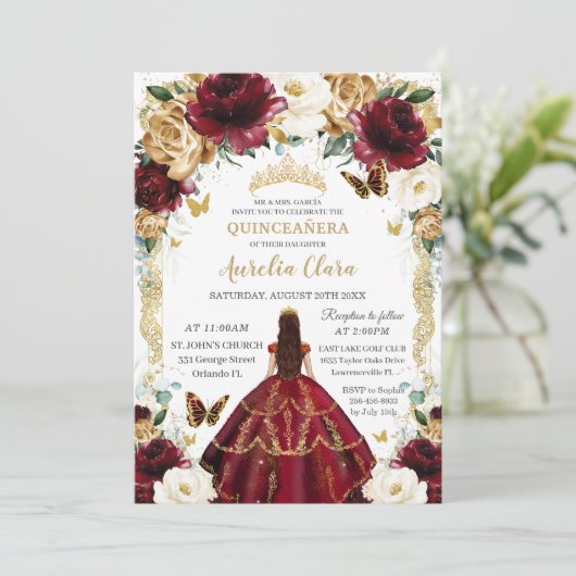 Quinceañera Bourgondië Ivoor Bloemen  Goud Kaart (Staand voorkant)