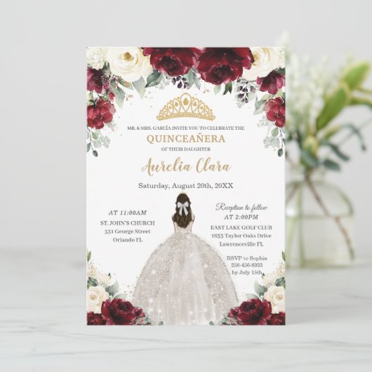 Quinceañera Bourgondië Ivoor Wit Bloemen Prinses Kaart (Staand voorkant)