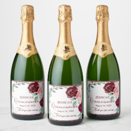 Quinceanera Bourgondië Rode Bloemen Mousserende Wi Sparkling Wijnetiket