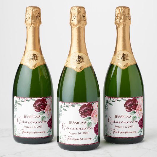 Quinceanera Bourgondië Rode Bloemen Mousserende Wi Sparkling Wijnetiket (Flessen)