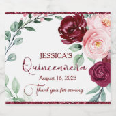 Quinceanera Bourgondië Rode Bloemen Mousserende Wi Sparkling Wijnetiket (Enkel label)