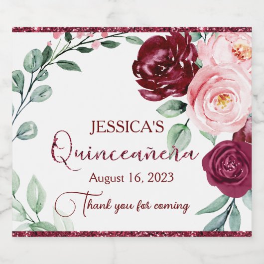 Quinceanera Bourgondië Rode Bloemen Mousserende Wi Sparkling Wijnetiket (Enkel label)