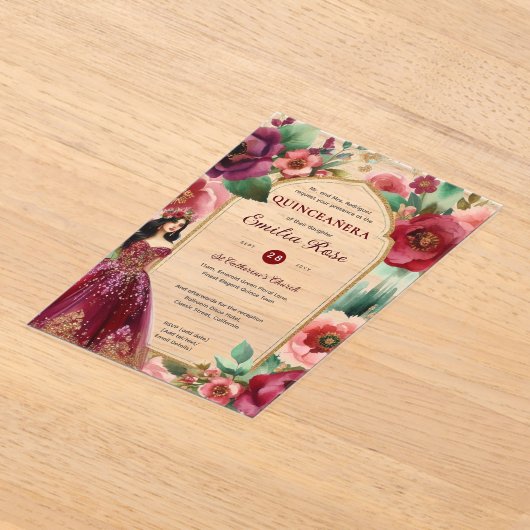 Quinceañera Bourgondië Rode Gouden Quince Jurk Blo Acryl Uitnodigingen (Laagn)