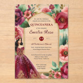 Quinceañera Bourgondië Rode Gouden Quince Jurk Blo Acryl Uitnodigingen (Voorkant)