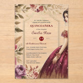 Quinceañera Bourgondië Rood Goud Quince Jurk Bloem Acryl Uitnodigingen (Voorkant)