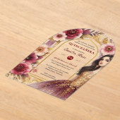 Quinceañera Bourgondië Rood Goud Quince Jurk Bloem Acryl Uitnodigingen (Laagn)