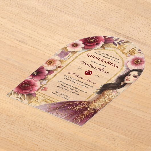 Quinceañera Bourgondië Rood Goud Quince Jurk Bloem Acryl Uitnodigingen (Laagn)