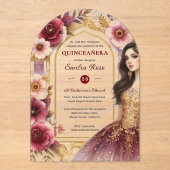 Quinceañera Bourgondië Rood Goud Quince Jurk Bloem Acryl Uitnodigingen (Voorkant)