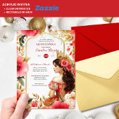 Quinceañera Bourgondië Rood Goud Quince Jurk Bloem Acryl Uitnodigingen