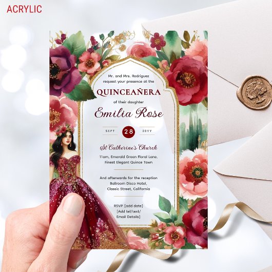 Quinceañera Bourgondië Rood Goud Quince Jurk Bloem Acryl Uitnodigingen