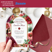 Quinceañera Bourgondië Rood Goud Quince Jurk Bloem Acryl Uitnodigingen