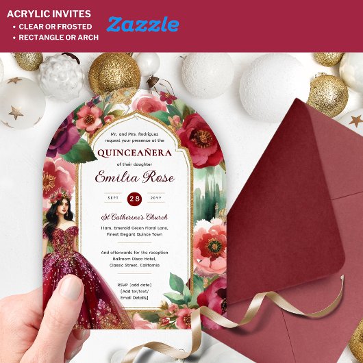 Quinceañera Bourgondië Rood Goud Quince Jurk Bloem Acryl Uitnodigingen