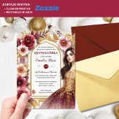 Quinceañera Bourgondië Rood Goud Quince Jurk Bloem Acryl Uitnodigingen